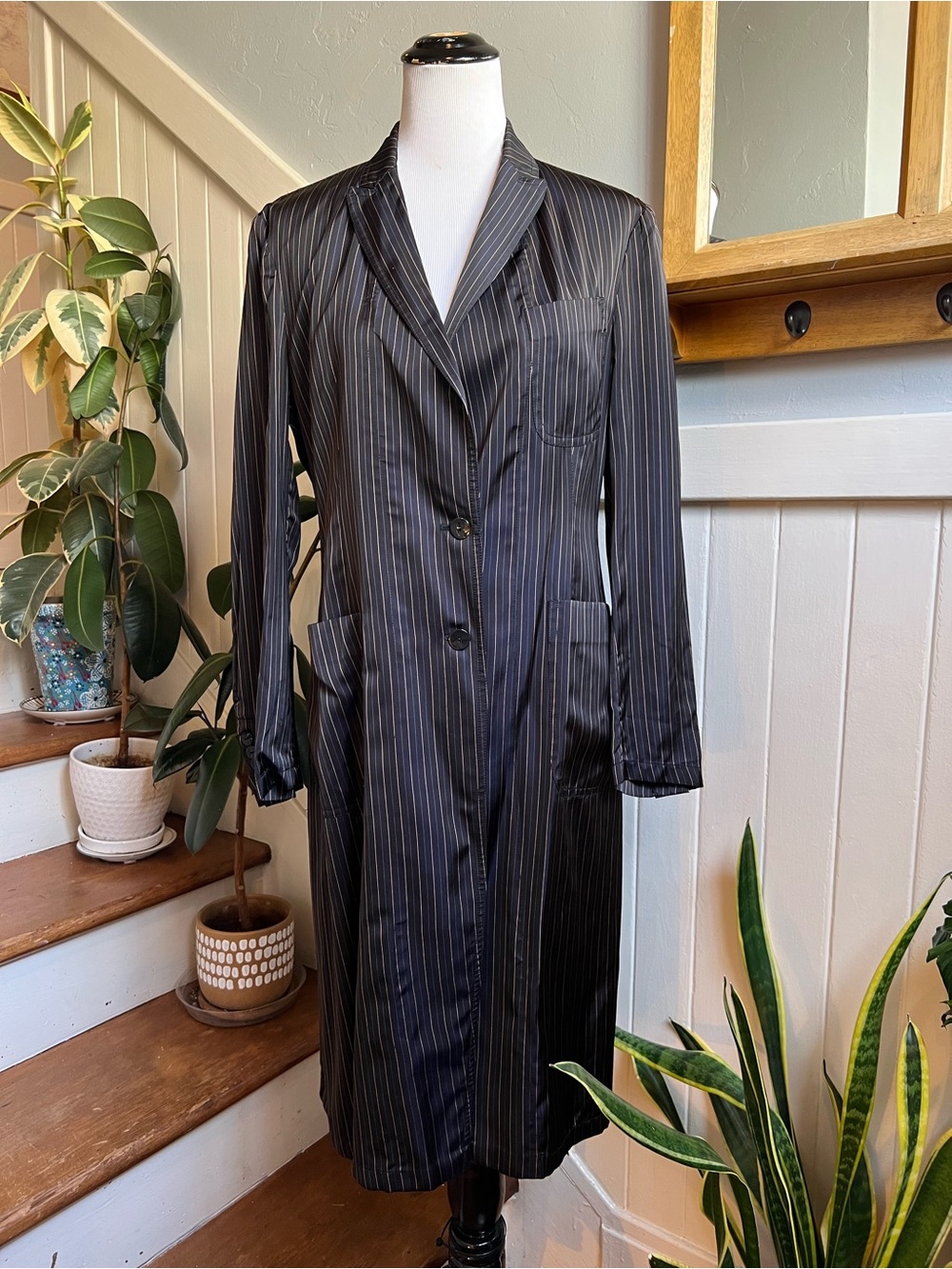 Dries Van Noten Navy Pinstripe Long Coat Size EU 36 Archive US 4